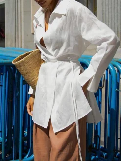 COMMENSE Cotton & Linen Long Sleeve Tied Blouse* Blouses & Shirts|Tops