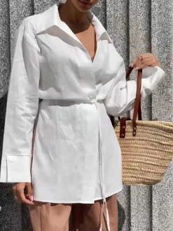 COMMENSE Cotton & Linen Long Sleeve Tied Blouse* Blouses & Shirts|Tops