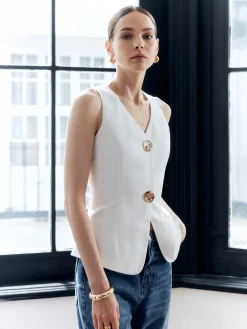 COMMENSE Cotton & Linen Metal Button Solid Vest* Outerwear|Vests