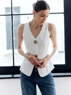 COMMENSE Cotton & Linen Metal Button Solid Vest* Outerwear|Vests