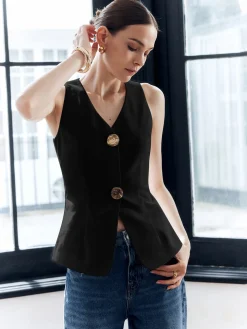 COMMENSE Cotton & Linen Metal Button Solid Vest* Outerwear|Vests