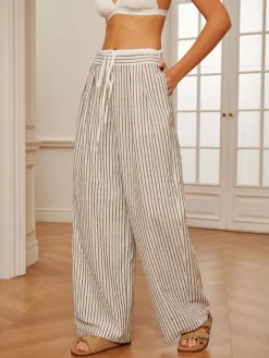 COMMENSE Cotton & Linen Pinstripe Drawstring Pants* Pants|Bottoms