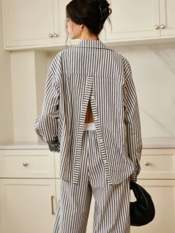 COMMENSE Cotton & Linen Pinstripe Loose Shirt* Long Sleeve Sets|Blouses & Shirts