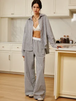 COMMENSE Cotton & Linen Pinstripe Loose Shirt* Long Sleeve Sets|Blouses & Shirts