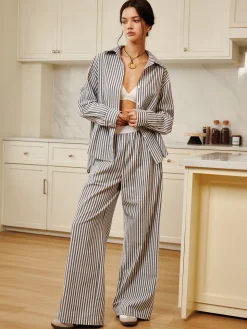 COMMENSE Cotton & Linen Pinstripe Loose Shirt* Long Sleeve Sets|Blouses & Shirts