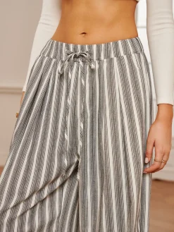 COMMENSE Cotton & Linen Pinstripe Drawstring Pants* Long Sleeve Sets|Pants