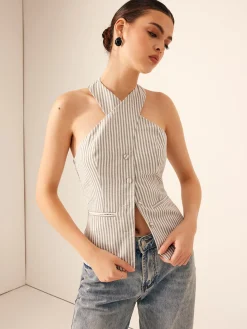 COMMENSE Cotton & Linen Pinstripe Slim Halter Top* Tank Tops & Camis|Tops