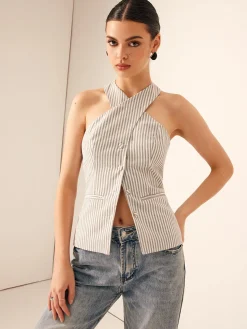 COMMENSE Cotton & Linen Pinstripe Slim Halter Top* Tank Tops & Camis|Tops