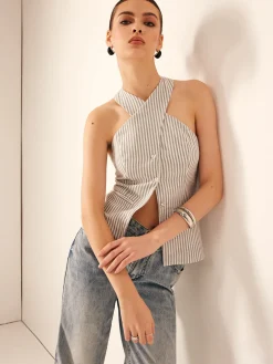 COMMENSE Cotton & Linen Pinstripe Slim Halter Top* Tank Tops & Camis|Tops