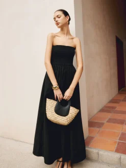COMMENSE Cotton & Linen Pleat Strapless Long Dress* Black Dresses|Casual Dresses