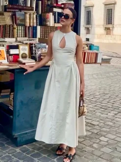 COMMENSE Cotton & Linen Pleated Cutout Long Dress* White Dresses|Black Dresses