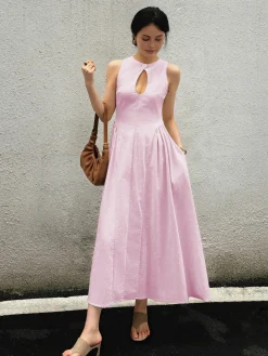 COMMENSE Cotton & Linen Pleated Cutout Long Dress* White Dresses|Black Dresses