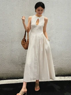COMMENSE Cotton & Linen Pleated Cutout Long Dress* White Dresses|Black Dresses