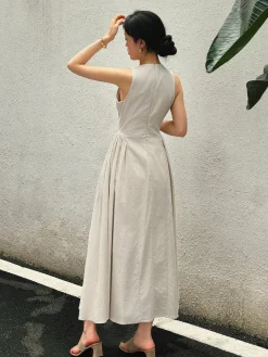 COMMENSE Cotton & Linen Pleated Cutout Long Dress* White Dresses|Black Dresses