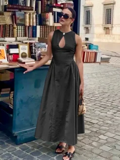 COMMENSE Cotton & Linen Pleated Cutout Long Dress* White Dresses|Black Dresses