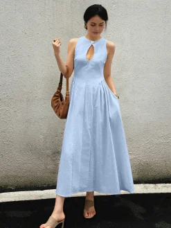 COMMENSE Cotton & Linen Pleated Cutout Long Dress* White Dresses|Black Dresses