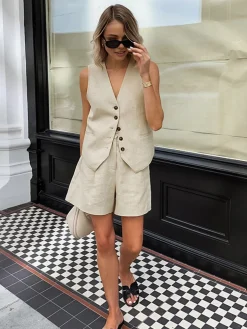 COMMENSE Cotton & Linen Pockets Shorts Set* Shorts Sets|Shorts