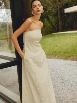 COMMENSE Cotton & Linen Shirred Pocket Long Dress* Casual Dresses|Vacation Dresses