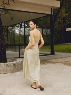 COMMENSE Cotton & Linen Shirred Pocket Long Dress* Casual Dresses|Vacation Dresses