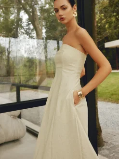 COMMENSE Cotton & Linen Shirred Pocket Long Dress* Casual Dresses|Vacation Dresses