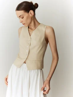 COMMENSE Cotton & Linen Solid V-Neck Vest* Outerwear|Vests