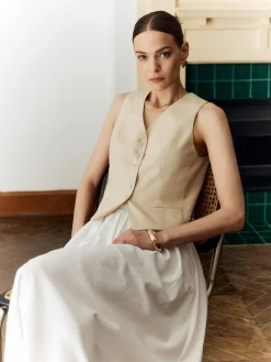 COMMENSE Cotton & Linen Solid V-Neck Vest* Outerwear|Vests
