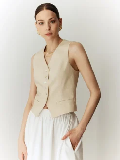 COMMENSE Cotton & Linen Solid V-Neck Vest* Outerwear|Vests