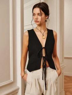 COMMENSE Cotton & Linen Tie-Detail  Vest Top* Vests|Tank Tops & Camis