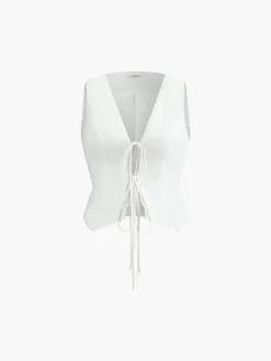COMMENSE Cotton & Linen Tie-Detail  Vest Top* Vests|Tank Tops & Camis