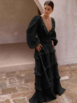 COMMENSE Cotton & Linen V-Neck Ruffle Trim Long Dress* Black Dresses|Casual Dresses
