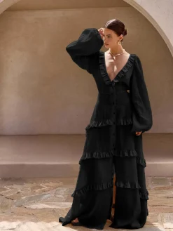 COMMENSE Cotton & Linen V-Neck Ruffle Trim Long Dress* Black Dresses|Casual Dresses