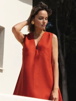 COMMENSE Cotton & Linen V-Neck Short Dress* Black Dresses|Casual Dresses