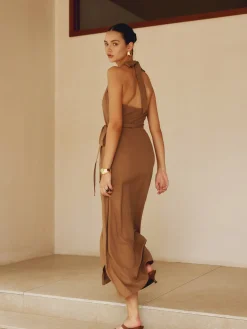 COMMENSE Cotton & Linen Wrap Halter Knotted Long Dress* Casual Dresses|Vacation Dresses