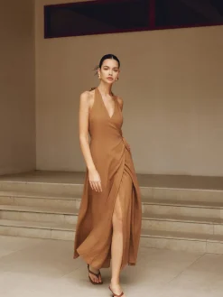 COMMENSE Cotton & Linen Wrap Halter Knotted Long Dress* Casual Dresses|Vacation Dresses