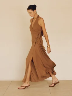 COMMENSE Cotton & Linen Wrap Halter Knotted Long Dress* Casual Dresses|Vacation Dresses