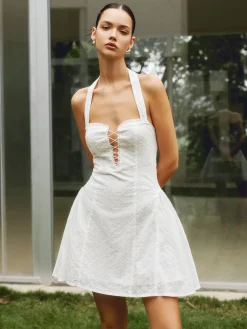 COMMENSE Cotton Backless Tie Up Halter Short Dress* White Dresses|Vacation Dresses