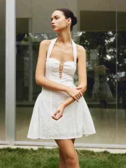 COMMENSE Cotton Backless Tie Up Halter Short Dress* White Dresses|Vacation Dresses