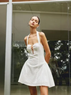 COMMENSE Cotton Backless Tie Up Halter Short Dress* White Dresses|Vacation Dresses