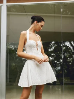 COMMENSE Cotton Backless Tie Up Halter Short Dress* White Dresses|Vacation Dresses
