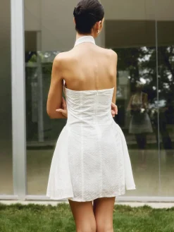 COMMENSE Cotton Backless Tie Up Halter Short Dress* White Dresses|Vacation Dresses