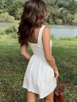 COMMENSE Cotton Blend Solid Square Neckline Short Dress* White Dresses|Black Dresses