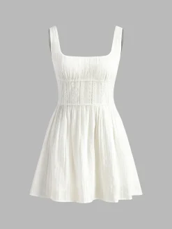 COMMENSE Cotton Blend Solid Square Neckline Short Dress* White Dresses|Black Dresses