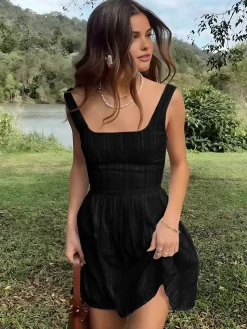 COMMENSE Cotton Blend Solid Square Neckline Short Dress* White Dresses|Black Dresses