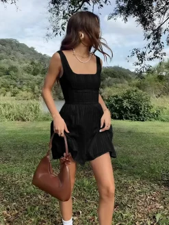 COMMENSE Cotton Blend Solid Square Neckline Short Dress* White Dresses|Black Dresses