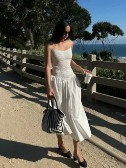 COMMENSE Cotton Blends Shirred Cami Midi Dress* White Dresses|Casual Dresses