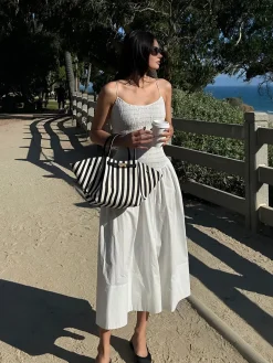 COMMENSE Cotton Blends Shirred Cami Midi Dress* White Dresses|Casual Dresses