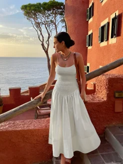 COMMENSE Cotton Blends Shirred Cami Midi Dress* White Dresses|Casual Dresses