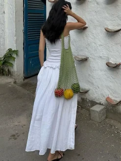 COMMENSE Cotton Blends Shirred Tube Long Dress* White Dresses|Black Dresses