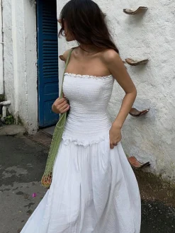 COMMENSE Cotton Blends Shirred Tube Long Dress* White Dresses|Black Dresses
