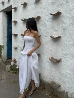 COMMENSE Cotton Blends Shirred Tube Long Dress* White Dresses|Black Dresses